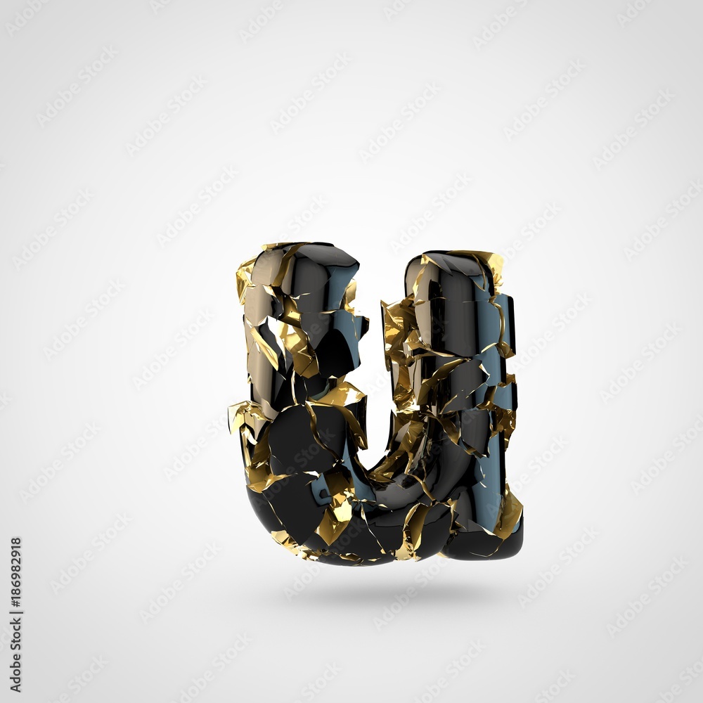 Cracked black letter U lowercase with gold inside. Cracked black letter U lowercase with gold inside.