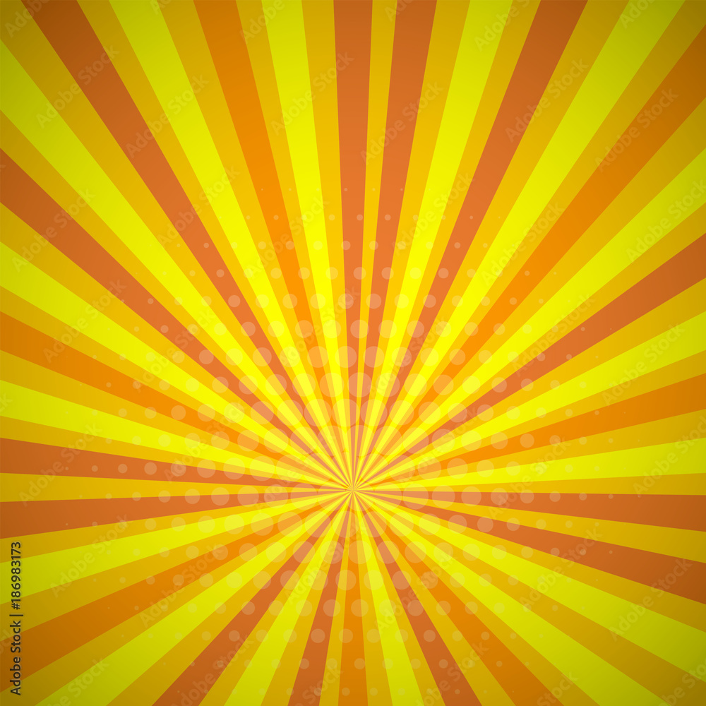 Obraz premium Yellow orange colored summer Pop-Art style blue comics book background, Lichtenstein popart. Pop art comic strip backdrop sunlight, sun ray space. Funny halftone dotted template. Vector illustration.
