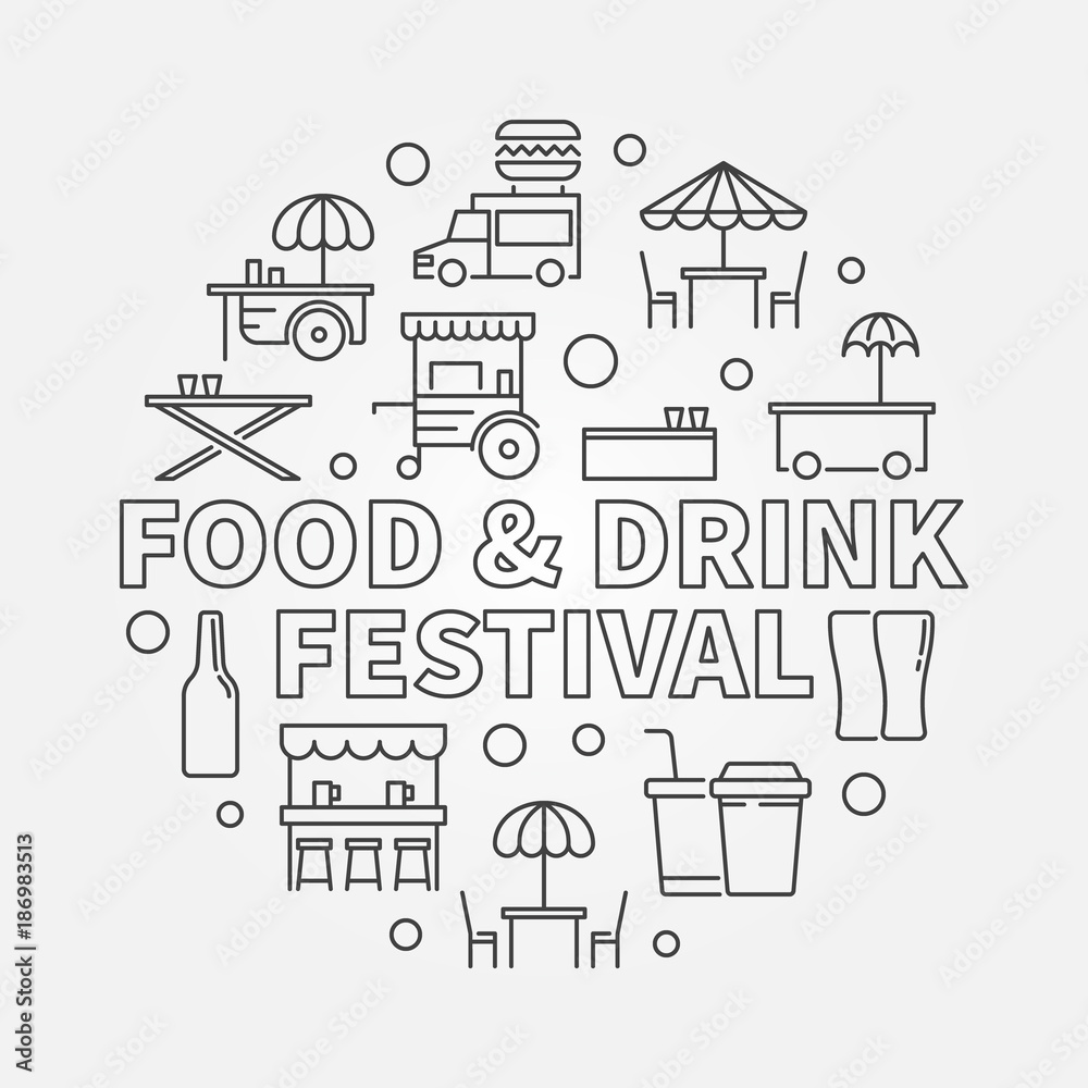 Food and drink festival round concept linear illustration