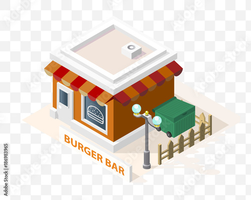 Isometric High Quality City Element with 45 Degrees Shadows on Transparent Background . Burger Bar