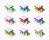 Isometric High Quality City Element with 45 Degrees Shadows on Transparent Background . Restaurant Coffee Shop Produce Shop Butcher's Shop Burger bar  Cake Shop Fish Market  and Bakery
