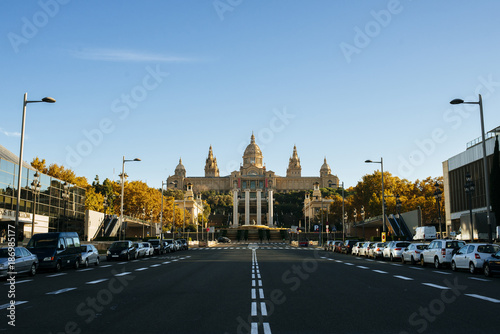 Spain, Barcelona, empty Avenue Reina Maria Cristina with National Palace in the background photo