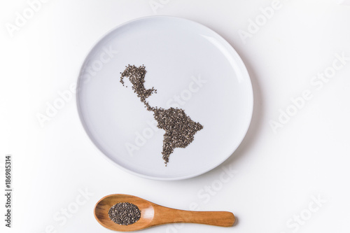 Chia seeds on plate shaped like a map of Latin America with wooden spoon