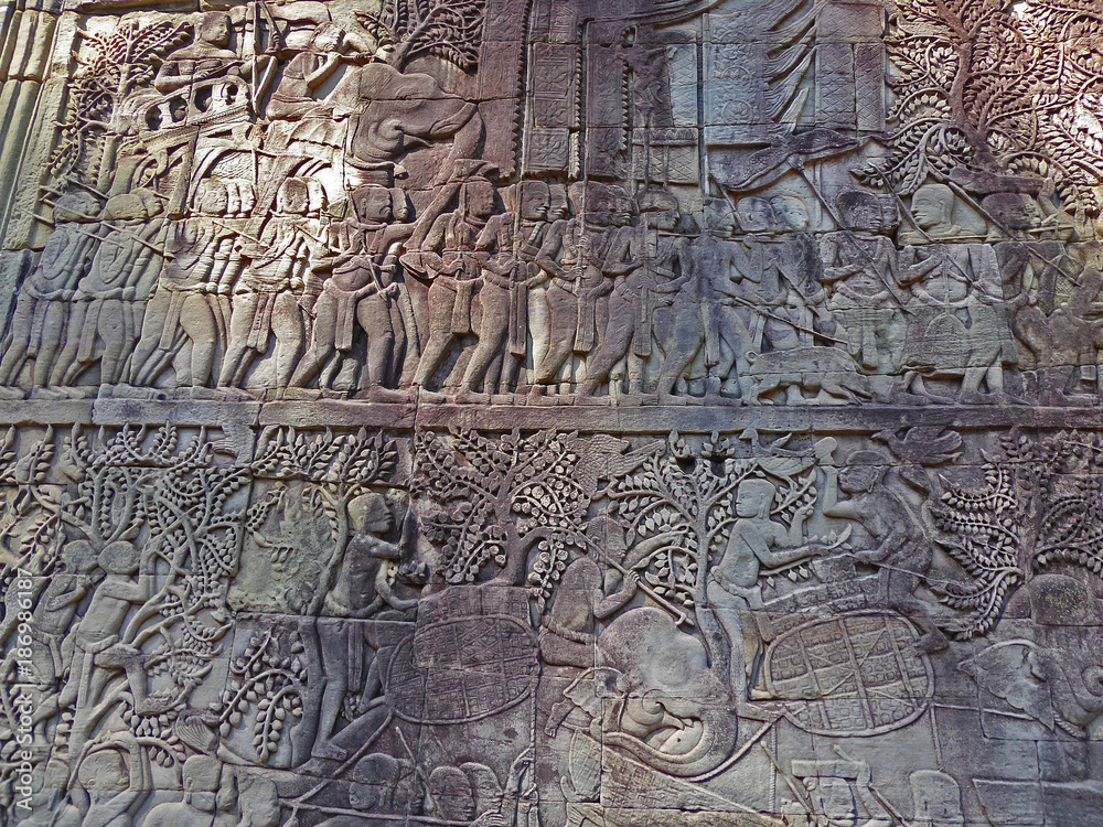 Cambodia bas-relief wall carving  history of the king and people at that period 