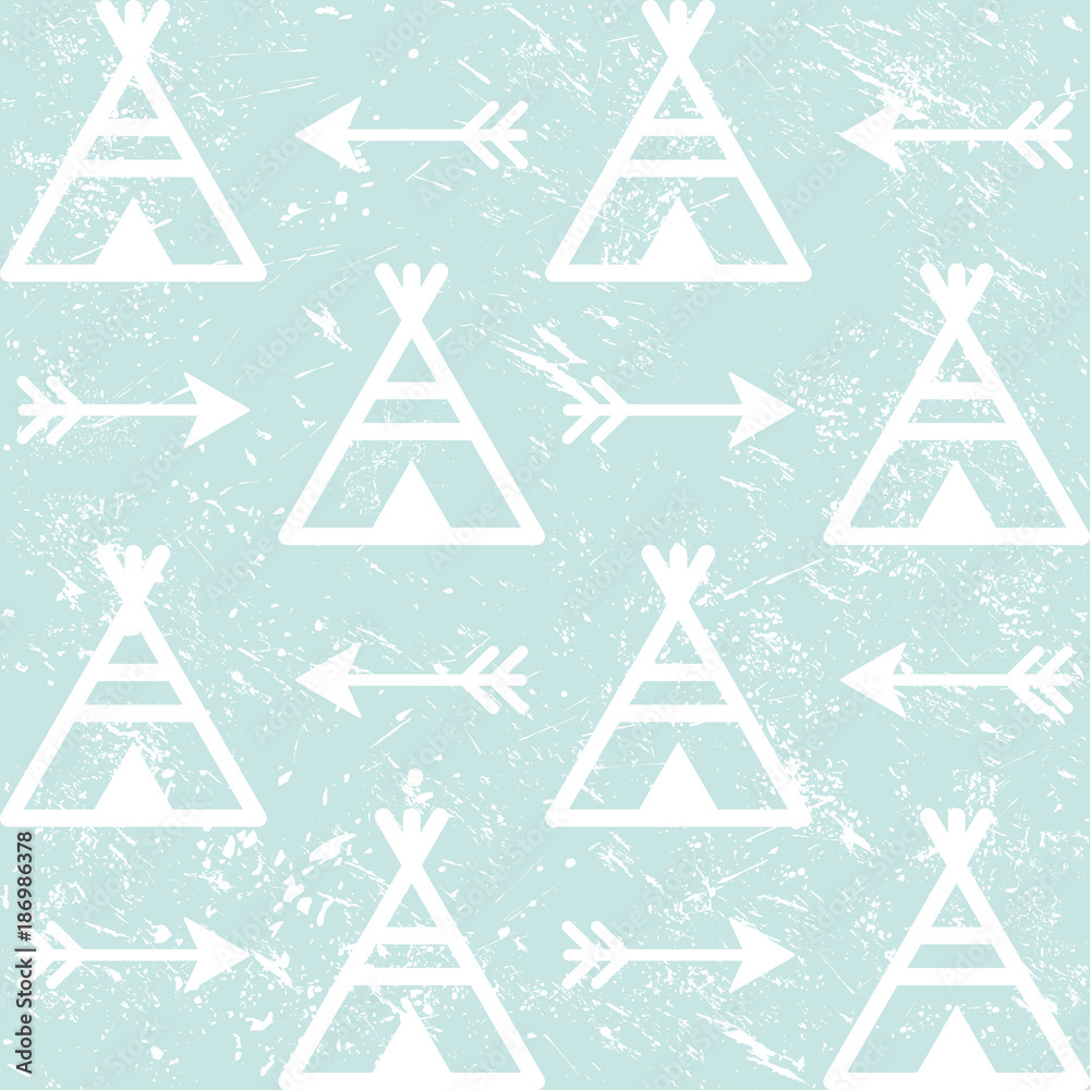 Teepee and arrows seamless vector pattern, Aztec style Indian