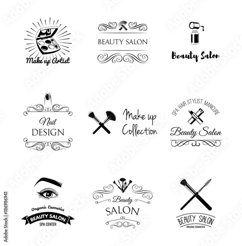 Beauty Salon Design Elements in Vintage Style. Lipstick, mascara, lips, manicure, women eyes, make up brushes, nail and finger. Vintage filigree frame, logo, banner and label