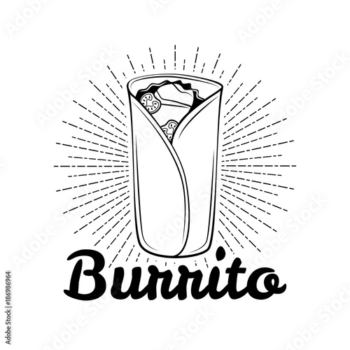 Burrito. Mexican traditional cuisine. Vector drawn illustration, menu label, banner poster identity, branding.