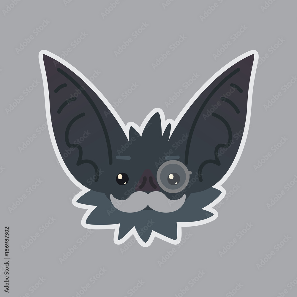 Obraz premium Bat sticker. Emoji. Vector illustration of cute Halloween bat vampire shows intellectual emotion. Mister in monocle with moustache.
