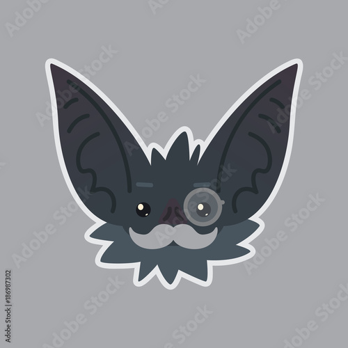 Bat sticker. Emoji. Vector illustration of cute Halloween bat vampire shows intellectual emotion. Mister in monocle with moustache.