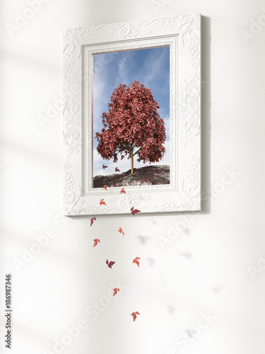 Leaves falling from tree in picture frame, d rendering photo