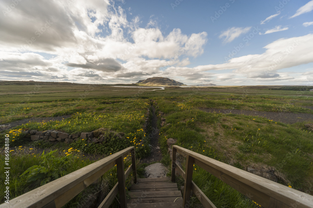 Wooden stairs and landscape seen from Skalholt, Iceland Wooden stairs and landscape seen from Skalholt, Iceland
