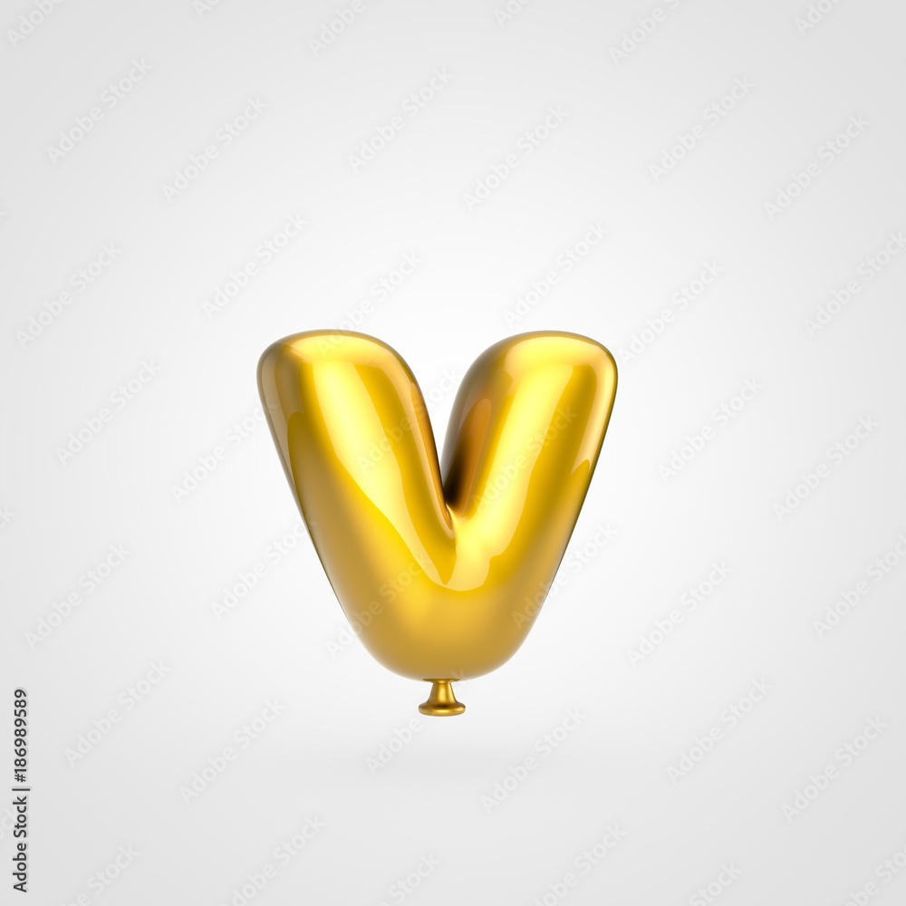 Glossy golden balloon letter V lowercase isolated on white background.