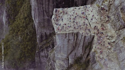 Drone shot at Preikestolen in Rogaland, Norway, wide down