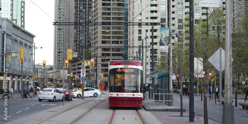 View of tram on tramway in the city, Toronto, Ontario, Canada
