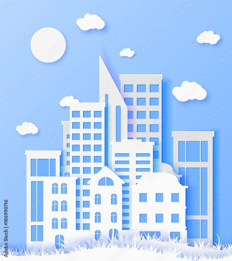 3d abstract paper cut illustration of white paper town. Vector colorful template in carving art style. City concept.