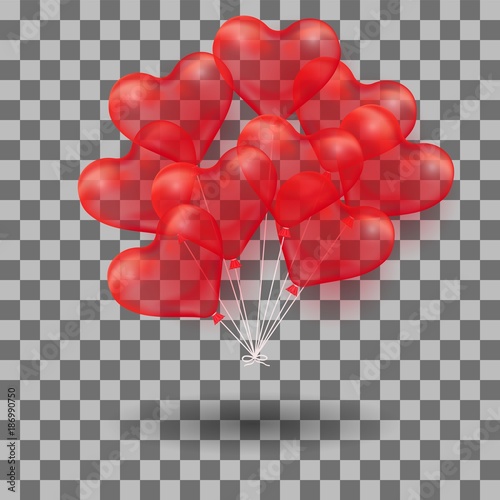 3d Realistic helium heart red Balloon. Holiday illustration of bunch of flying glossy balloon. Isolated