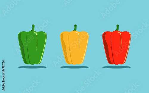sweet red green and yellow bell pepper isolated in flat icon design on blue color background