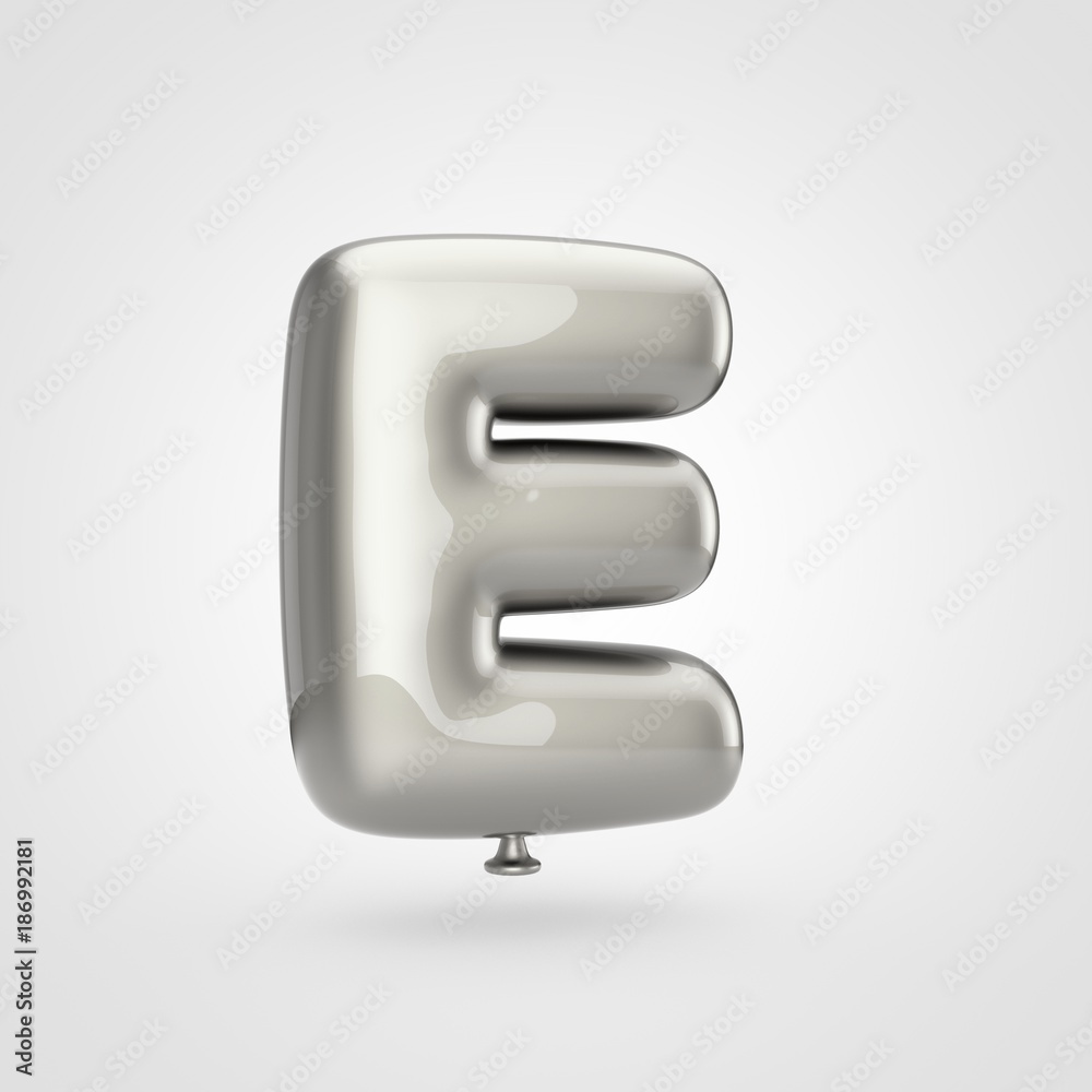 Glossy silver balloon letter E uppercase isolated on white background. Glossy silver balloon letter E uppercase isolated on white background.