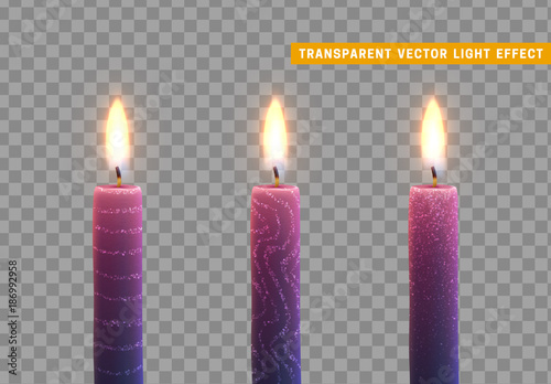 Candles burn with fire. Set of paraffin candles realistic isolated on transparent background. Element for design decor, vector illustration