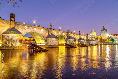 A view of a river Vltava in the dusk in Prague, Czech republic