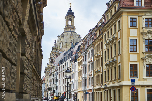 Germany, Dresden, old town, rehabilitated facades and Church of Our Lady in the background photo