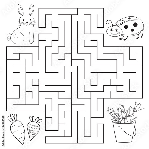 Help bunny and ladybug find way, spring education maze for preschool children. Coloring page or book. Vector illustrator