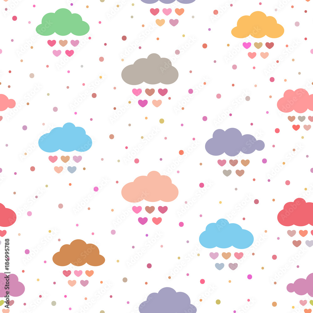 Cute seamless pattern for children. Multicolored clouds with raindrops in the form of hearts and polka dot.