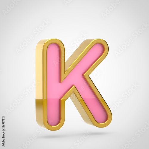 Pink letter K uppercase with golden outline isolated on white background.