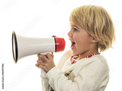 Blond girl shouting in megaphone