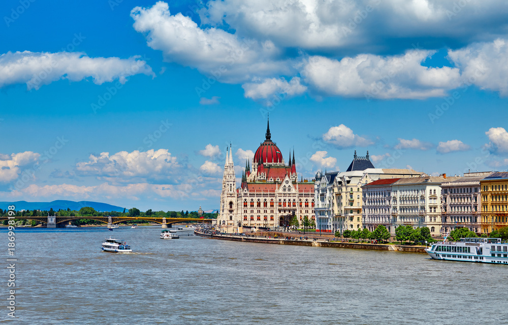 Panorama with building of Hungarian parliament at Danube river