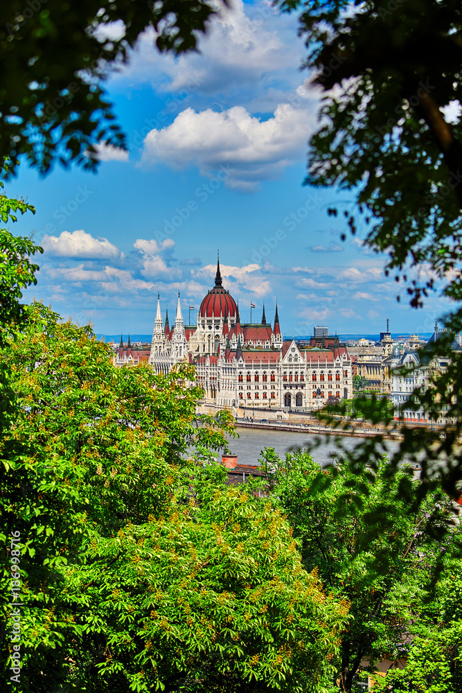 Hungarian parliament building at Danube river in Budapest city.