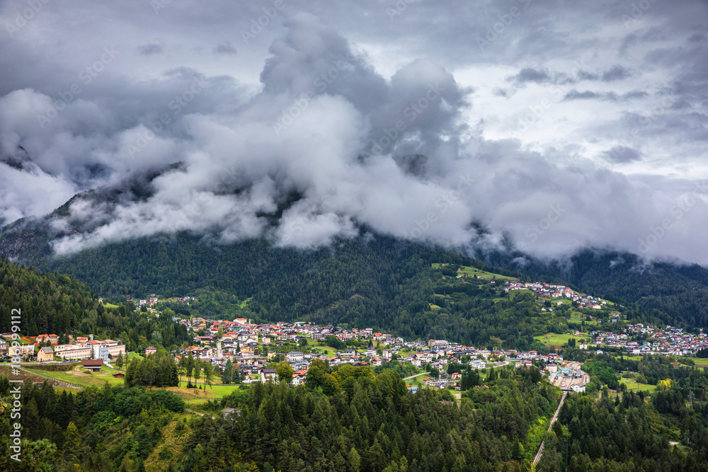 Panoramic view of Calalzo di Cadore in the Alps in Italy, Dolomites, near Belluno.