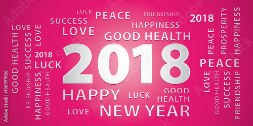 2018 Happy New Year greetings vector banner. Pink and silver.