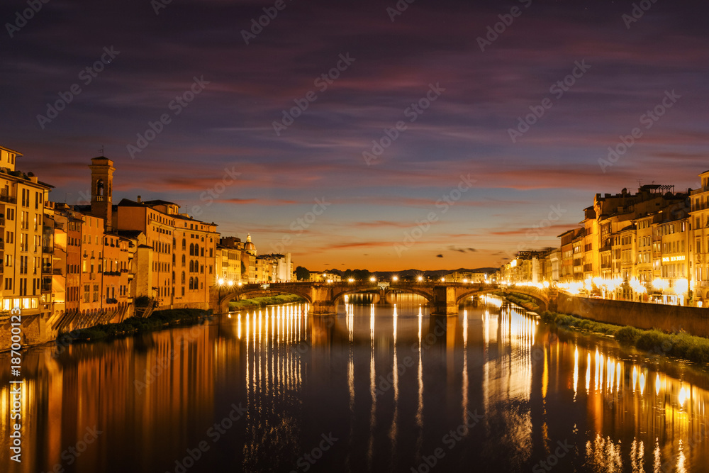 Florence night and sunset lights from ponte vecchio