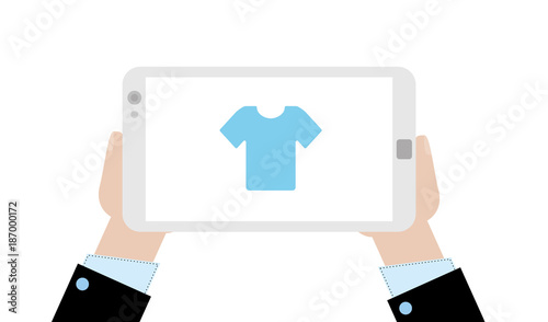 Geschäftsmann mit Tablet - blaues Tshirt