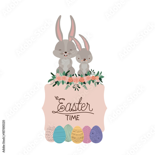 easter time frame with bunnies couple on top and easter eggs and ornament floral in colorful silhouette