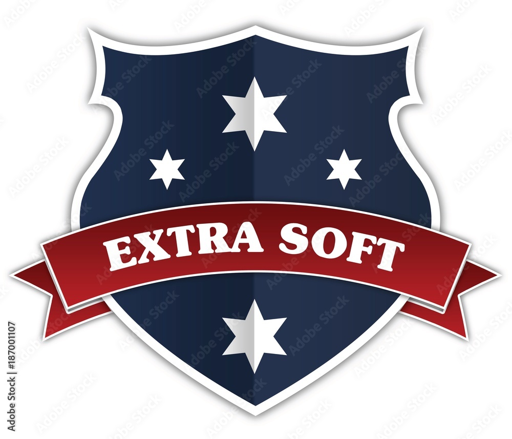 Blue shield and red ribbon with EXTRA SOFT text. Blue shield and red ribbon with EXTRA SOFT text.