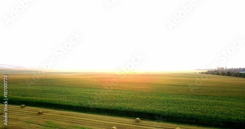 Aerial shot of fields with various types of agriculture. Farming. Aerial shot of farmland. Aerial shot of agricultural fields. View of agricultural Fields crops harvest. Rural Landscape. Counrtyside photo