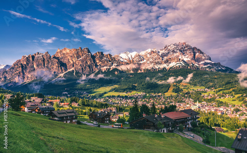 View of Cortina D'Ampezzo with Pomagagnon mount in the background, Dolomites, Italy, South Tyrol. photo
