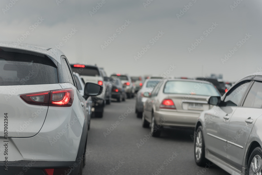 traffic jam with row of cars on toll way