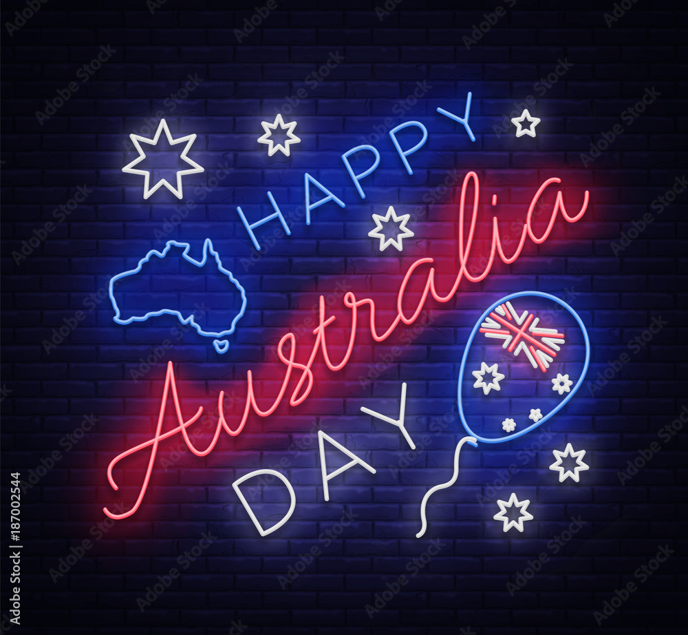 Happy Australia Day neon sign vector. Neon banner, bright card, luminous sign, Night neon welcome card Happy Australia 26 January. Flyer, design template for your projects Happy Australia Day neon sign vector. Neon banner, bright card, luminous sign, Night neon welcome card Happy Australia 26 January. Flyer, design template for your projects