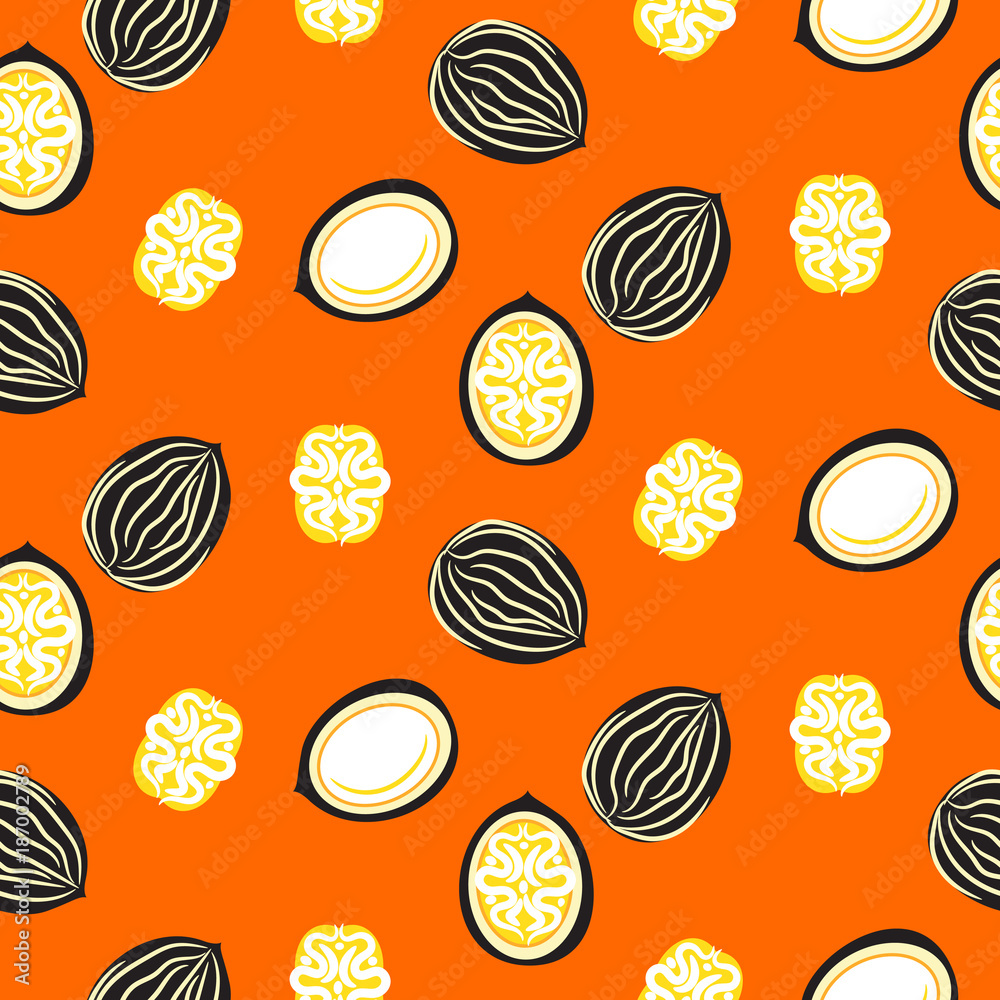 Blue and orange stylized walnut vector seamless pattern. Cartoon style nut snack plant. Blue and orange stylized walnut vector seamless pattern. Cartoon style nut snack plant.