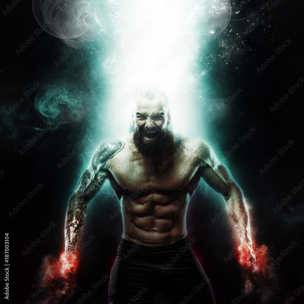 Sport and motivation wallpaper on dark background. Power athletic guy  bodybuilder. Fire and energy Stock Photo | Adobe Stock