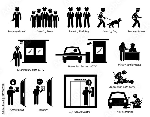 Security Guards Icons. Stick figures depict security guard, team, training, dog, patrolling, guardhouse, boom barrier gate, CCTV, visitor registration, car clamping, and security access card. photo