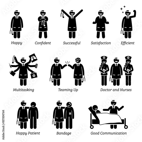 Happy and Cheerful Doctor. Stick figure pictogram depicts a doctor that is feeling confident, successful, and satisfied. The doctor can do multitasking and love his work job at the clinic and hospital
