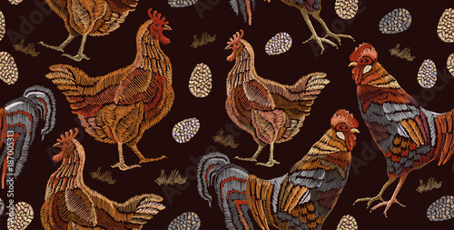 Embroidery chicken and rooster vintage seamless pattern fashion template for clothes, textiles, t-shirt design. Beautiful Rooster, eggs, and chicken, classical embroidery vintage seamless pattern