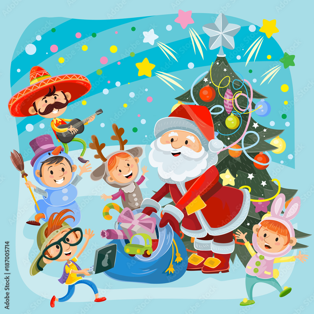 Santa Claus gives presents to cheerful kids in fancy dresses, vector cartoon illustration. Children Christmas carnival party. Group of boys and girls in masquerade costumes dance around New Year tree Santa Claus gives presents to cheerful kids in fancy dresses, vector cartoon illustration. Children Christmas carnival party. Group of boys and girls in masquerade costumes dance around New Year tree