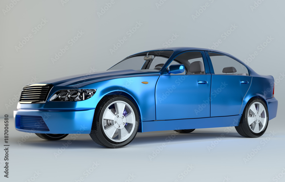 Car on gray studio background - blue paint