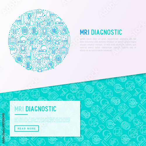 MRI diagnostics concept in circle with thin line icons. Modern vector illustration of laboratory equipment for web page template, print media, banner.