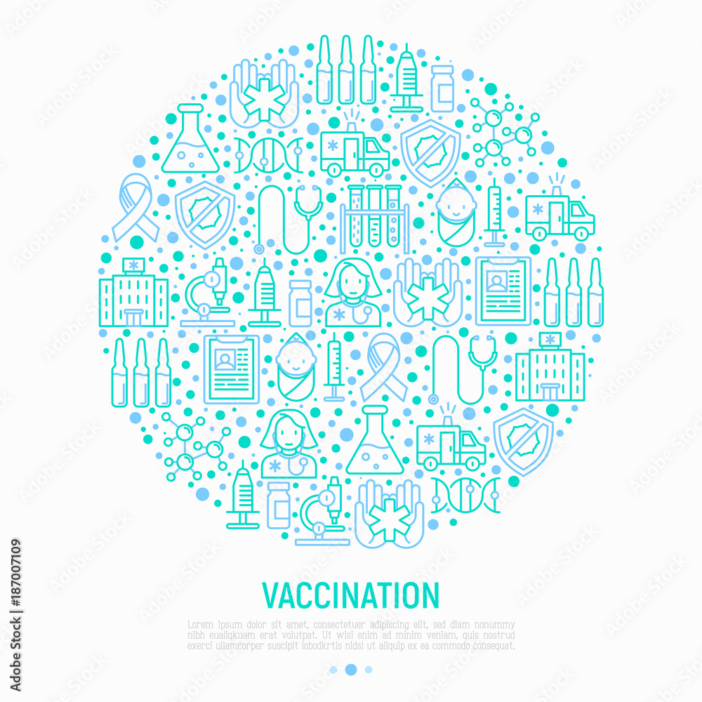Vaccination concept in circle with thin line icons: vaccine, syringe, ampoule, vial, microscope, virus, DNA, hospital, ambulance. Vector illustration for banner, print media, web page. Vaccination concept in circle with thin line icons: vaccine, syringe, ampoule, vial, microscope, virus, DNA, hospital, ambulance. Vector illustration for banner, print media, web page.